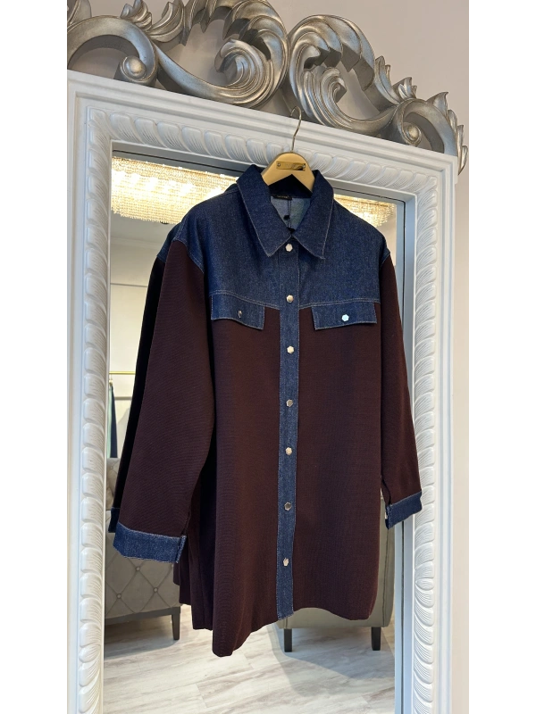 İNVEE Kadın Denim Detaylı Gömlek Ceket - Mürdüm