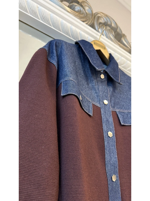 İNVEE Kadın Denim Detaylı Gömlek Ceket - Mürdüm