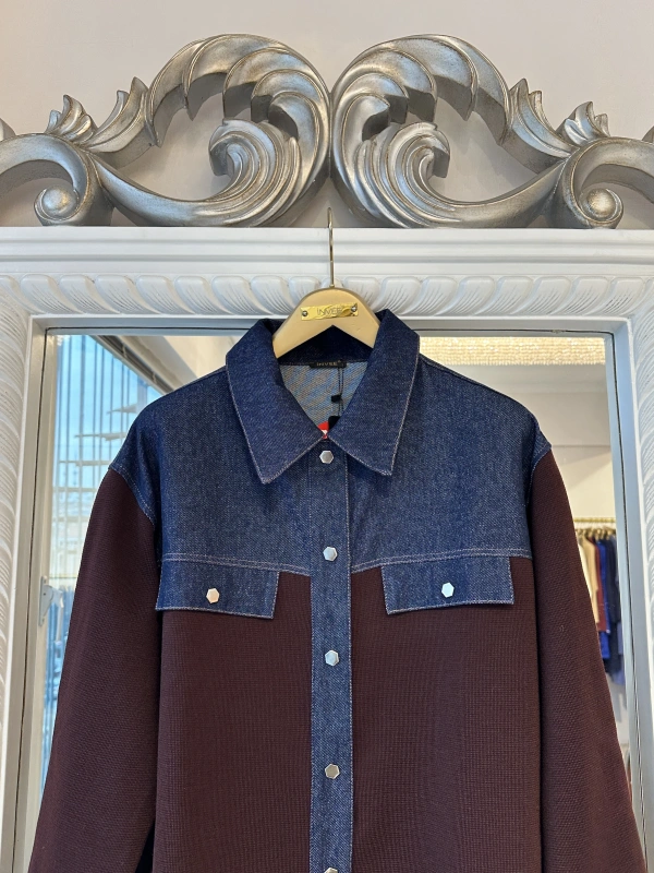 İNVEE Kadın Denim Detaylı Gömlek Ceket - Mürdüm