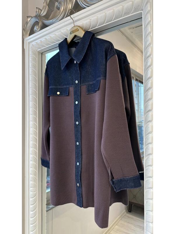 İNVEE Kadın Denim Detaylı Gömlek Ceket - Gül