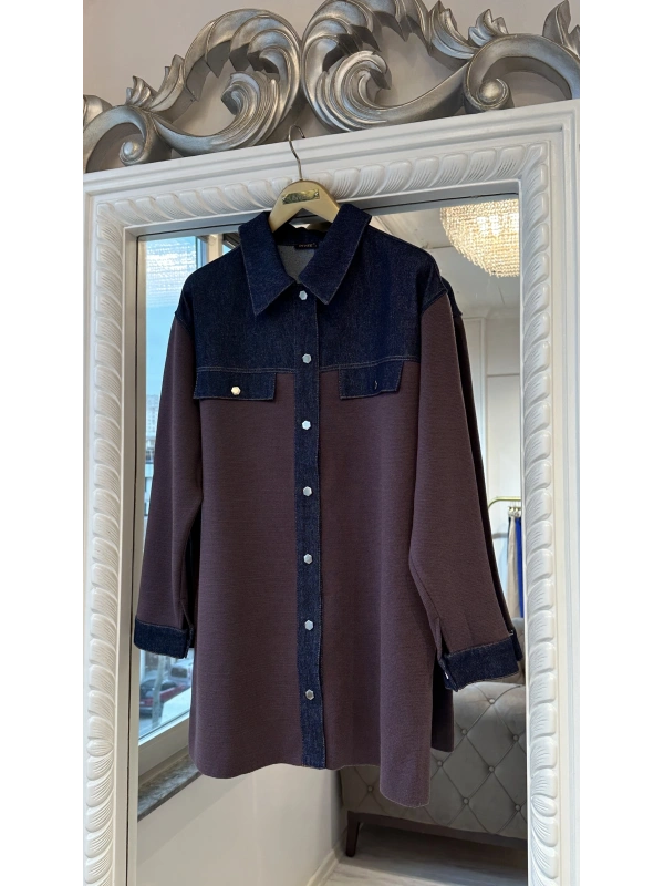 İNVEE Kadın Denim Detaylı Gömlek Ceket - Gül