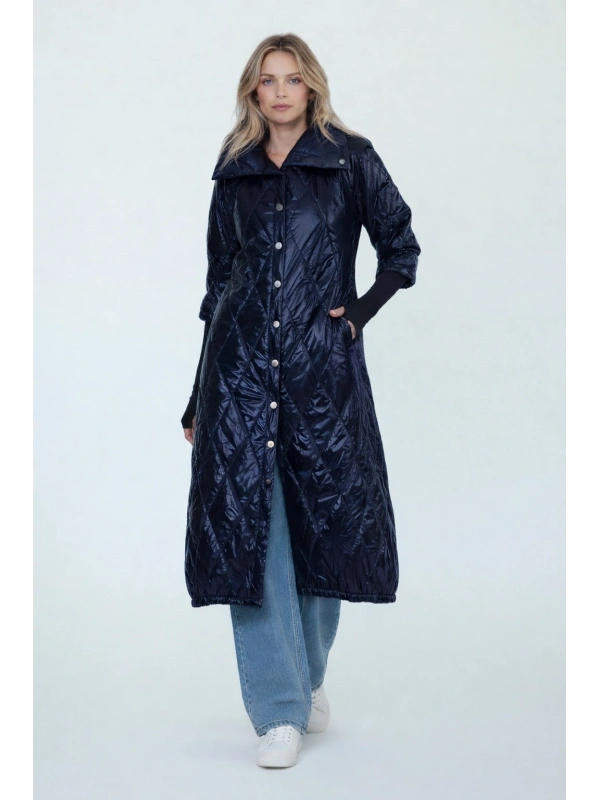 İNVEE Kadın Çıtçıt Kapamalı Uzun Kapitone Mont - Lacivert