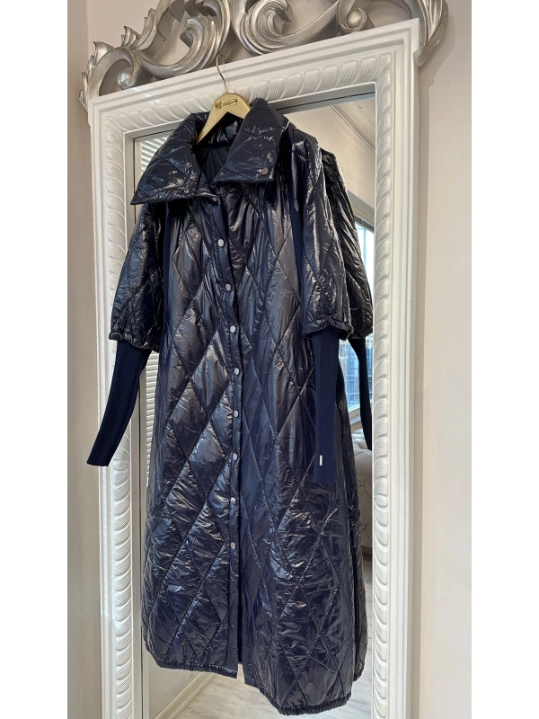 İNVEE Kadın Çıtçıt Kapamalı Uzun Kapitone Mont - Lacivert