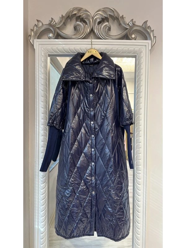 İNVEE Kadın Çıtçıt Kapamalı Uzun Kapitone Mont - Lacivert