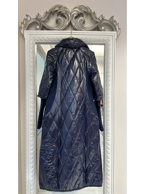 İNVEE Kadın Çıtçıt Kapamalı Uzun Kapitone Mont - Lacivert