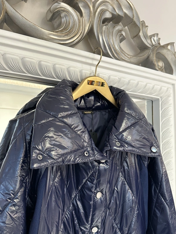 İNVEE Kadın Çıtçıt Kapamalı Uzun Kapitone Mont - Lacivert