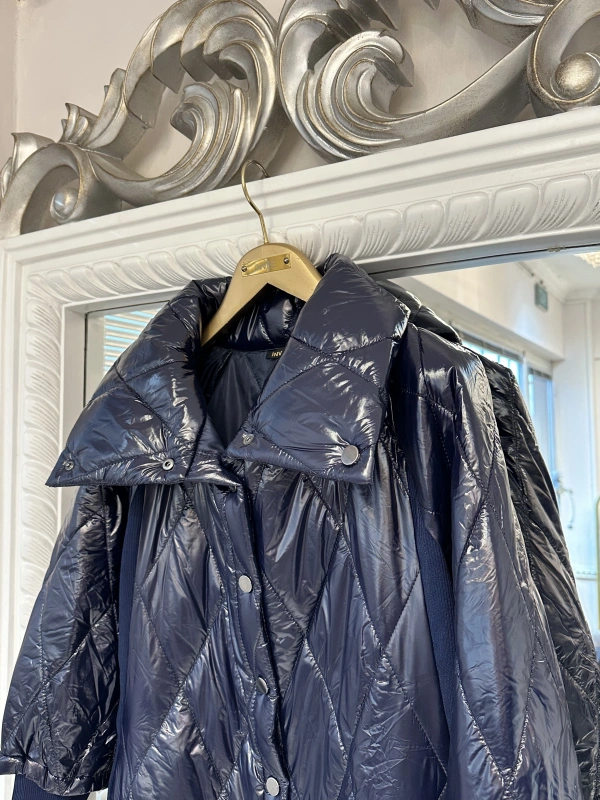 İNVEE Kadın Çıtçıt Kapamalı Uzun Kapitone Mont - Lacivert