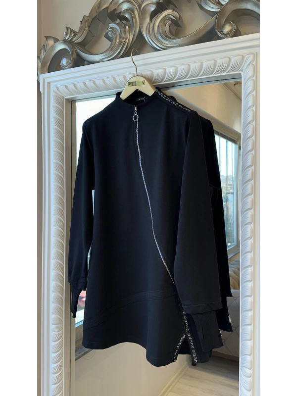 İNVEE Kadın Pamuk Karışımlı Fermuarlı Tunik - Siyah