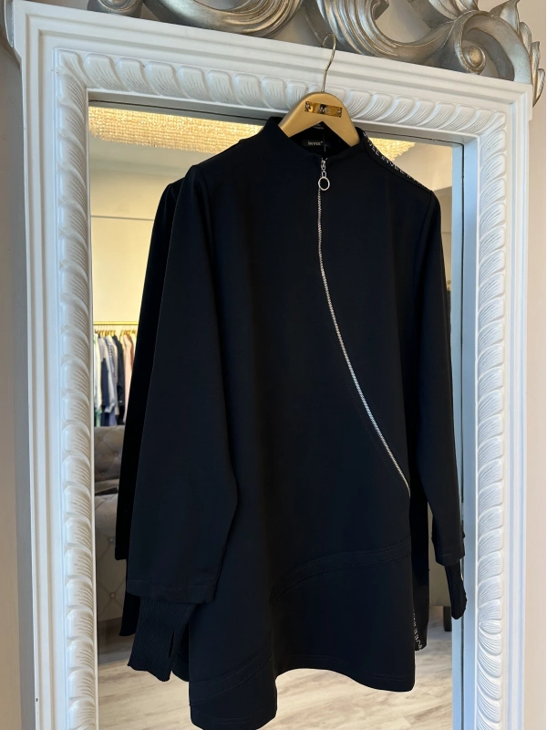 İNVEE Kadın Pamuk Karışımlı Fermuarlı Tunik - Siyah