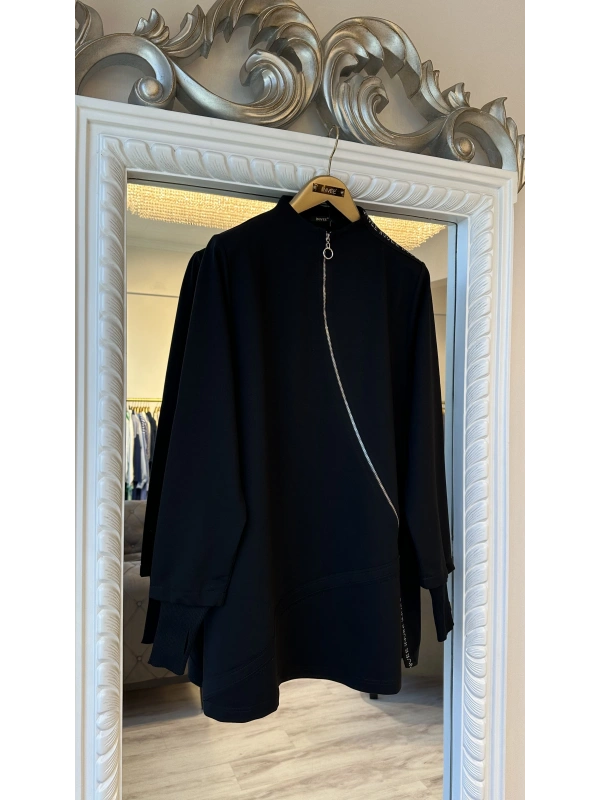 İNVEE Kadın Pamuk Karışımlı Fermuarlı Tunik - Siyah