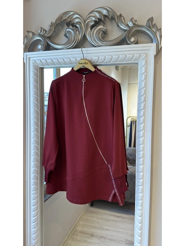 İNVEE Kadın Pamuk Karışımlı Fermuarlı Tunik - Bordo