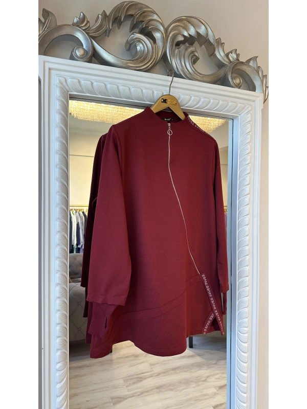 İNVEE Kadın Pamuk Karışımlı Fermuarlı Tunik - Bordo