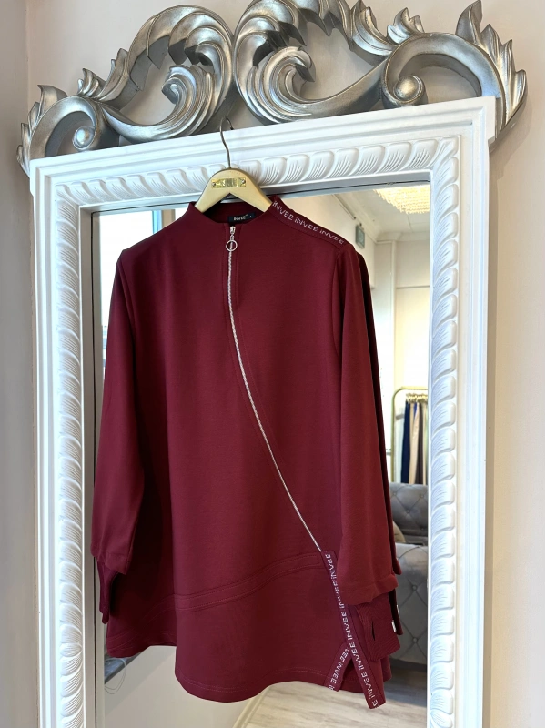 İNVEE Kadın Pamuk Karışımlı Fermuarlı Tunik - Bordo