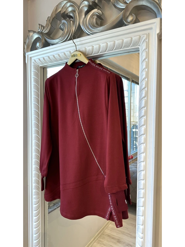 İNVEE Kadın Pamuk Karışımlı Fermuarlı Tunik - Bordo