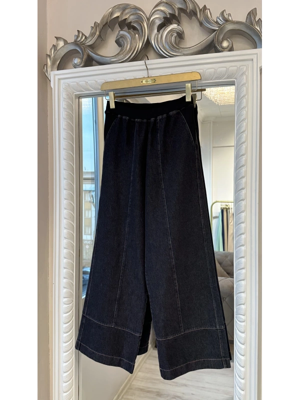 İNVEE Beli Geniş Paça Lastikli Denim Pantolon - Siyah