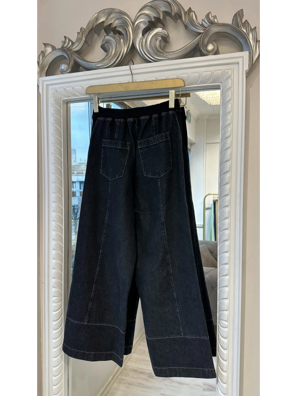 İNVEE Beli Geniş Paça Lastikli Denim Pantolon - Siyah