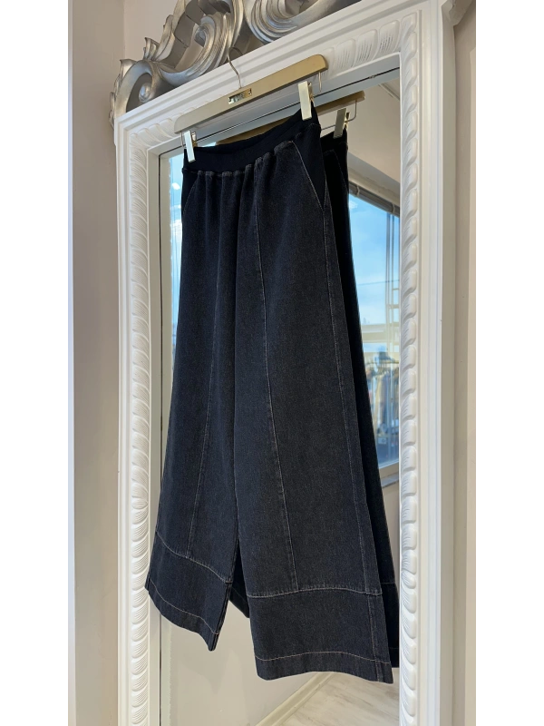 İNVEE Beli Geniş Paça Lastikli Denim Pantolon - Siyah