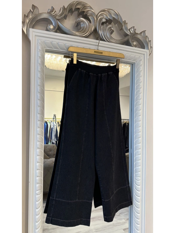 İNVEE Beli Geniş Paça Lastikli Denim Pantolon - Siyah