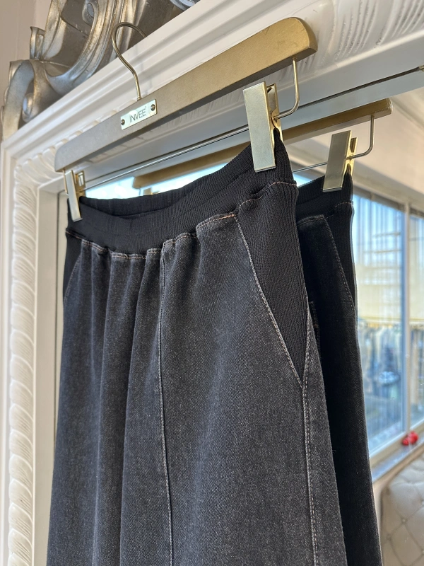 İNVEE Beli Geniş Paça Lastikli Denim Pantolon - Siyah