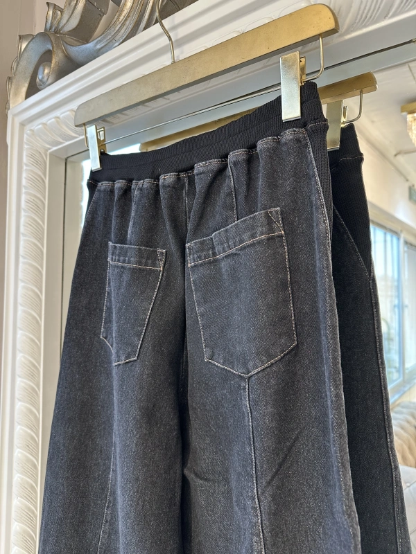 İNVEE Beli Geniş Paça Lastikli Denim Pantolon - Siyah