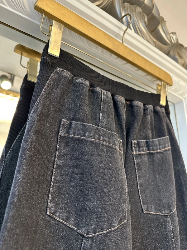 İNVEE Beli Geniş Paça Lastikli Denim Pantolon - Siyah