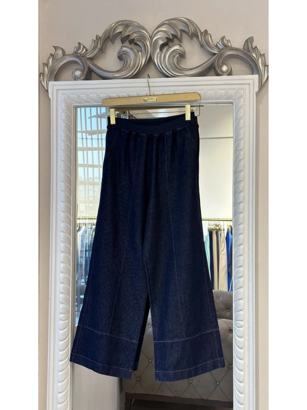 İNVEE Beli Geniş Paça Lastikli Denim Pantolon - Mavi