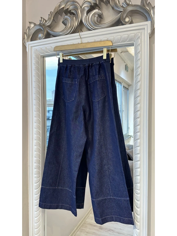 İNVEE Beli Geniş Paça Lastikli Denim Pantolon - Mavi