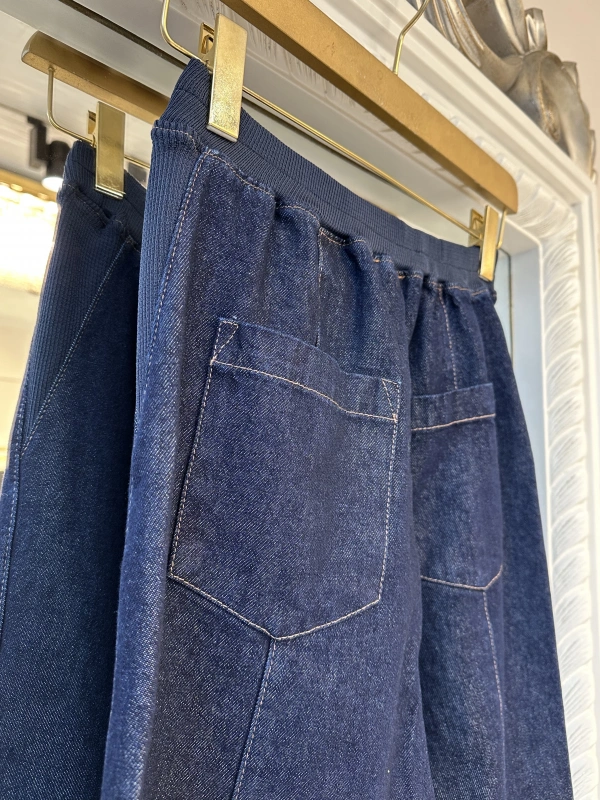 İNVEE Beli Geniş Paça Lastikli Denim Pantolon - Mavi