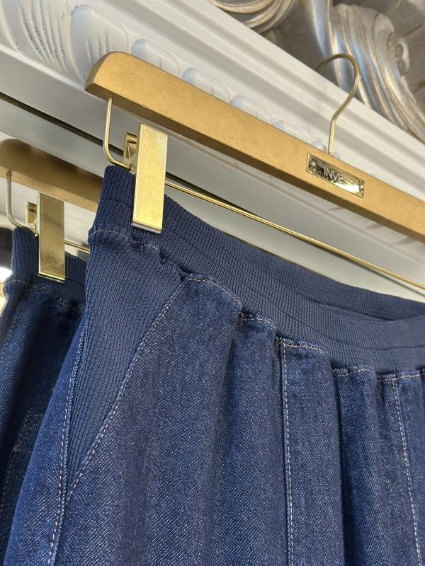 İNVEE Beli Geniş Paça Lastikli Denim Pantolon - Mavi