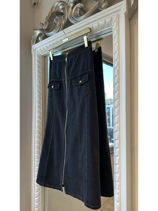 İNVEE Kadın Önden Fermuarlı A Kesim Denim Etek - Antrasit