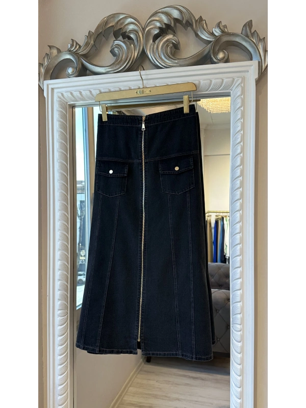 İNVEE Kadın Önden Fermuarlı A Kesim Denim Etek - Antrasit
