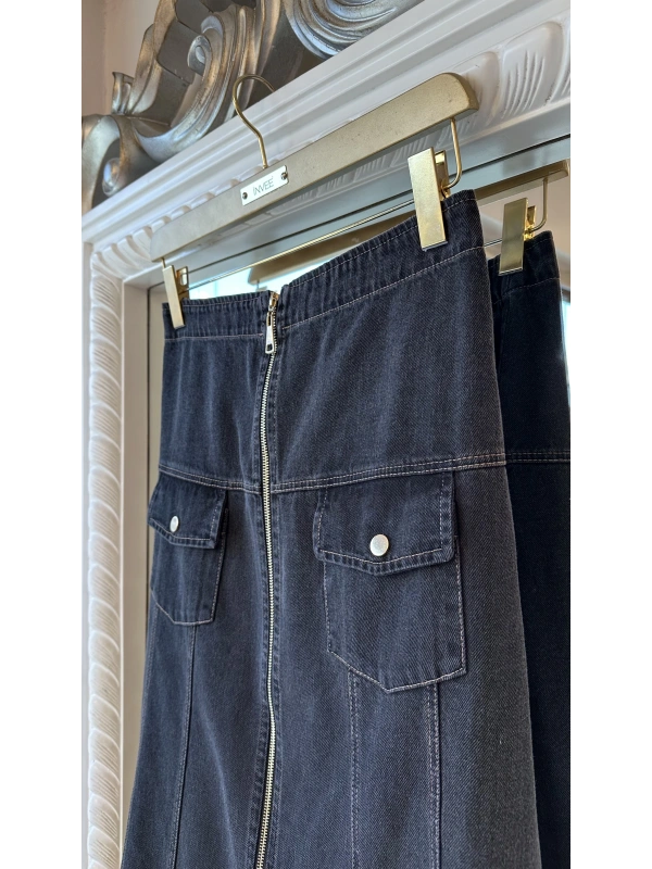 İNVEE Kadın Önden Fermuarlı A Kesim Denim Etek - Antrasit