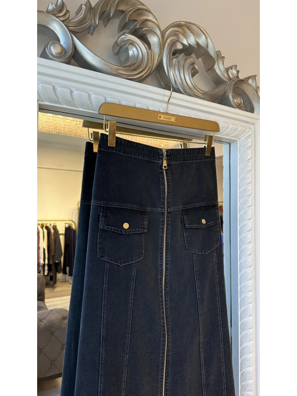 İNVEE Kadın Önden Fermuarlı A Kesim Denim Etek - Antrasit