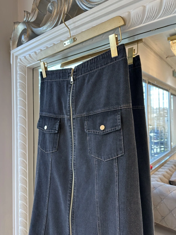 İNVEE Kadın Önden Fermuarlı A Kesim Denim Etek - Antrasit