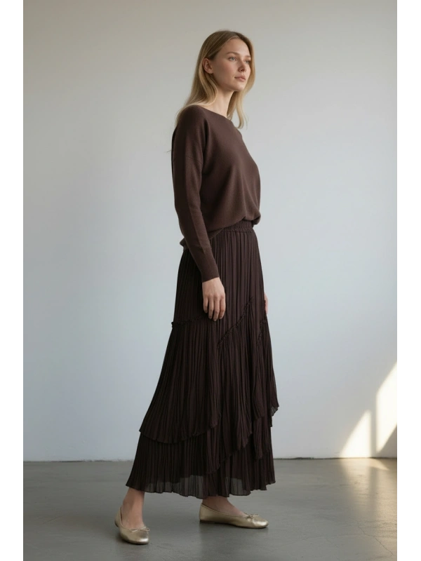 Sentez Kadın Kahverengi Şifon Maxi Etek