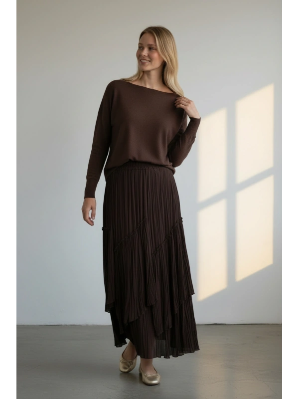 Sentez Kadın Kahverengi Şifon Maxi Etek