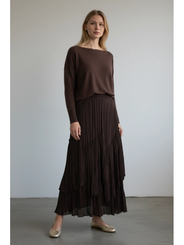 Sentez Kadın Kahverengi Şifon Maxi Etek