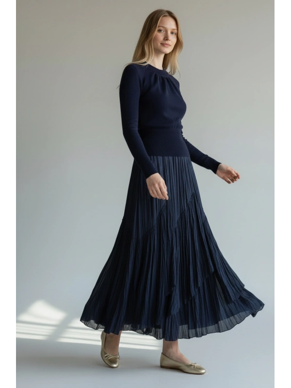 Sentez Kadın Lacivert Şifon Maxi Etek