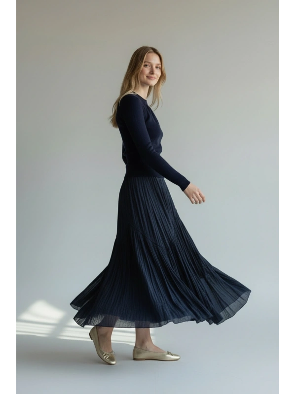 Sentez Kadın Lacivert Şifon Maxi Etek