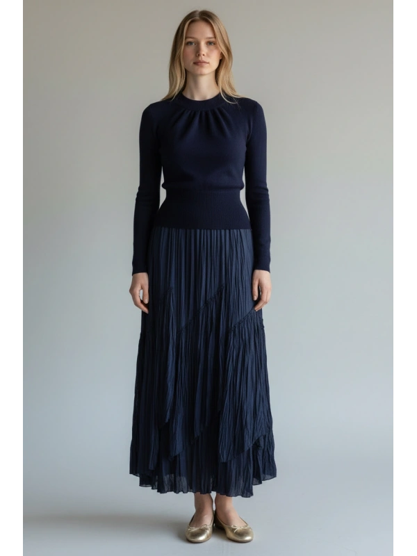 Sentez Kadın Lacivert Şifon Maxi Etek