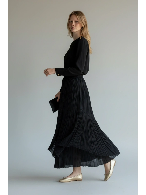 Sentez Kadın Siyah Şifon Maxi Etek