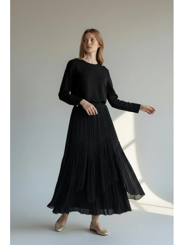 Sentez Kadın Siyah Şifon Maxi Etek