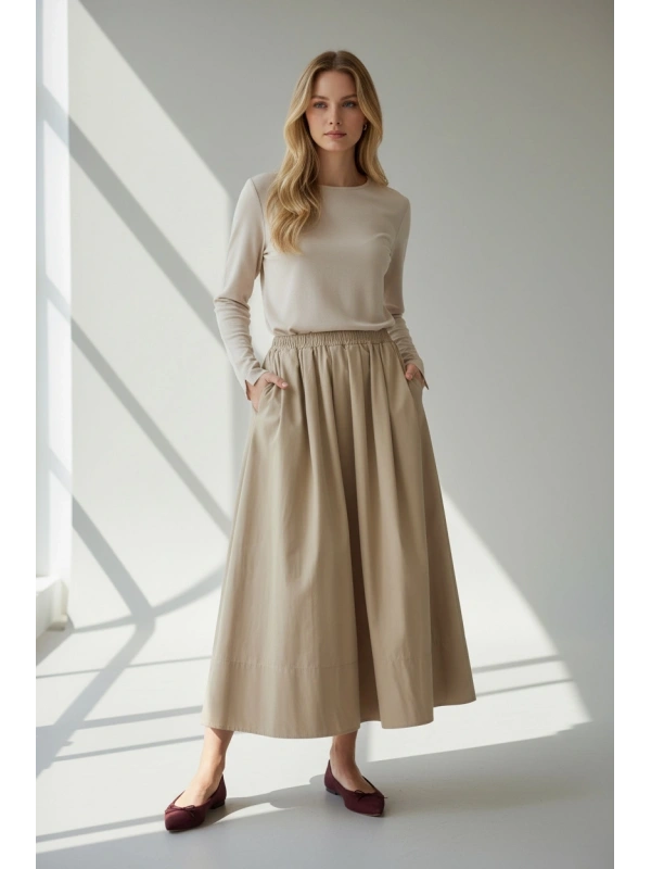 Sentez Kadın Beli Lastikli Etek - Bej