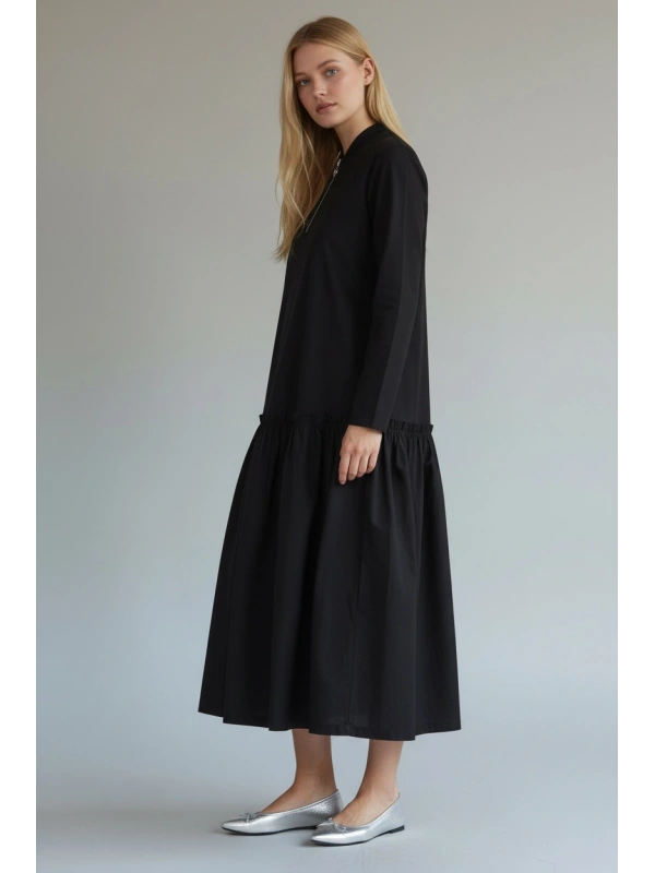 İNVEE Fermuar Detaylı Pamuk Elbise - Siyah