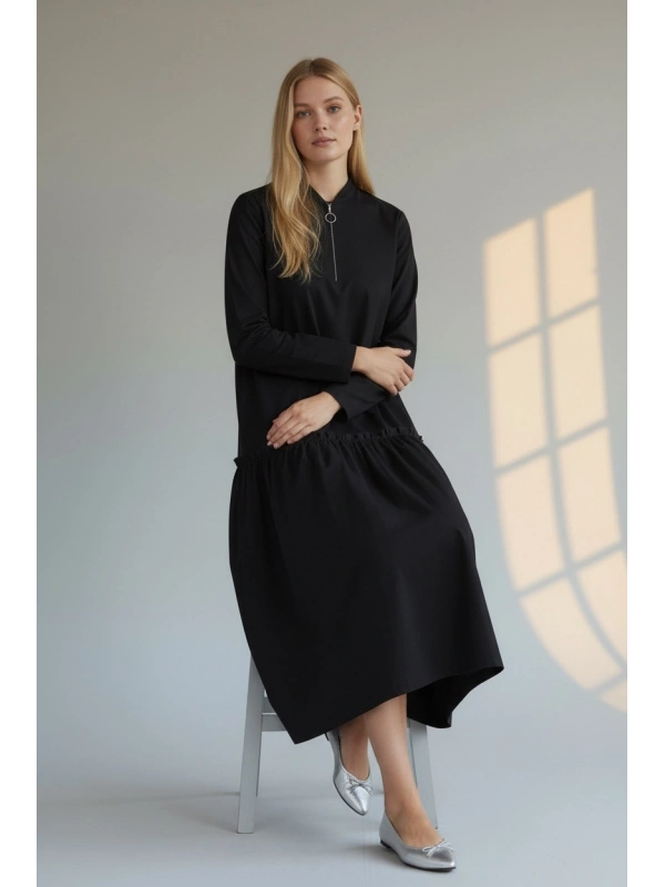 İNVEE Fermuar Detaylı Pamuk Elbise - Siyah