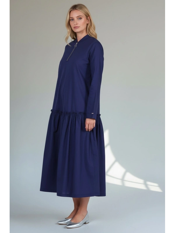 İNVEE Fermuar Detaylı Pamuk Elbise - Lacivert