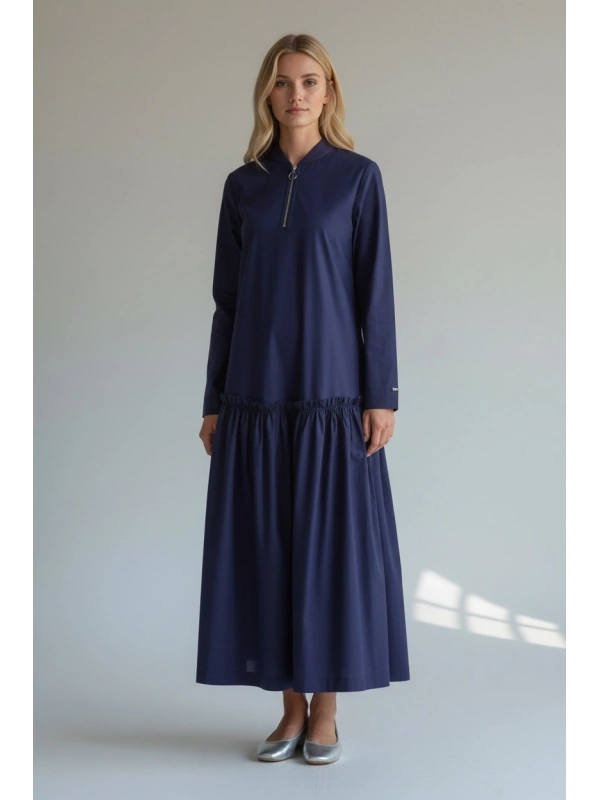 İNVEE Fermuar Detaylı Pamuk Elbise - Lacivert
