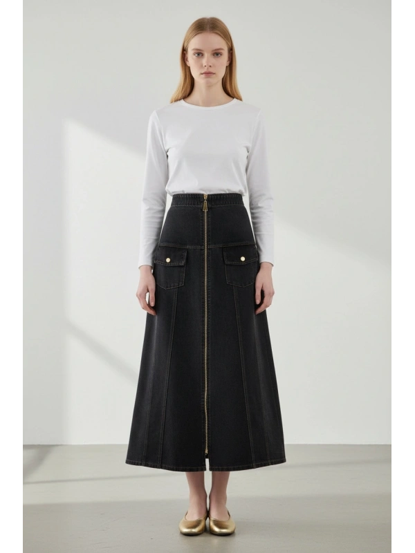 İNVEE Kadın Önden Fermuarlı A Kesim Denim Etek - Antrasit