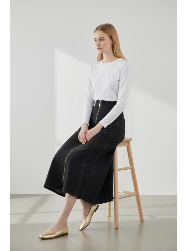 İNVEE Kadın Önden Fermuarlı A Kesim Denim Etek - Antrasit