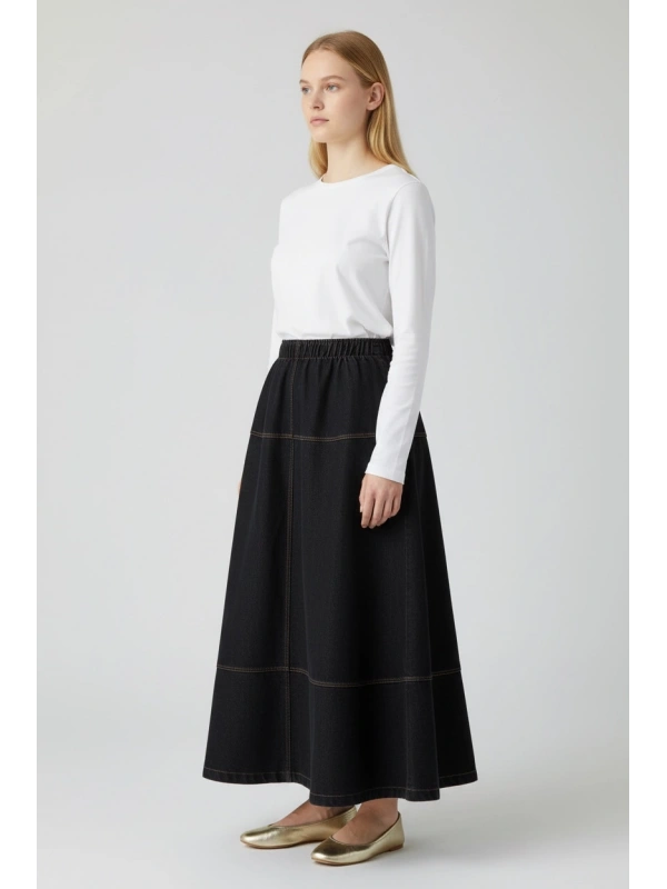 İNVEE Beli Lastikli Kadın Denim Etek - Siyah